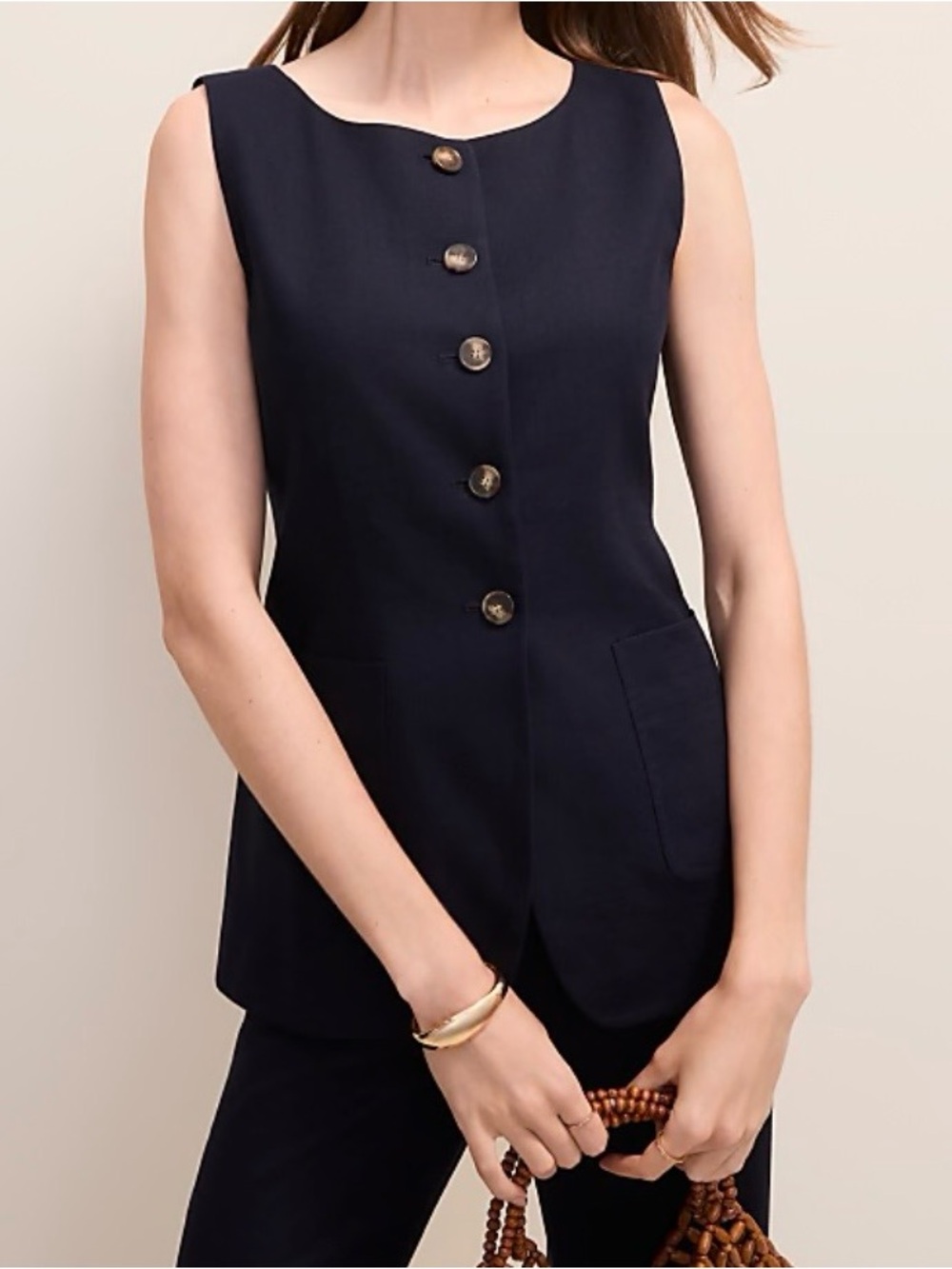 Ann Taylor Long Crew Neck Sleeveless Button-Front Vest in Night Sky (Dark Navy)